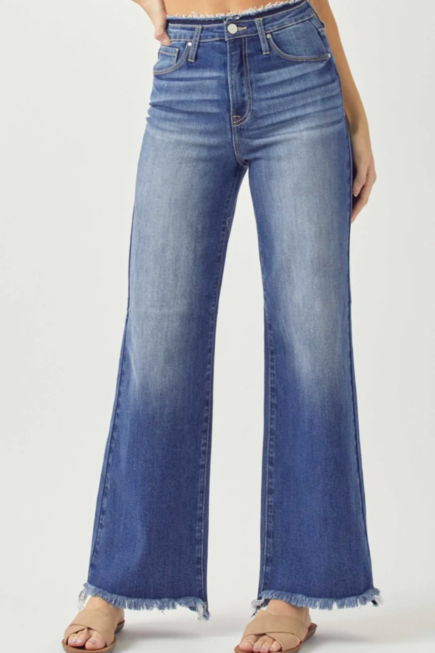 Risen High Rise Wide Leg Frayed Hem Jeans Dark
