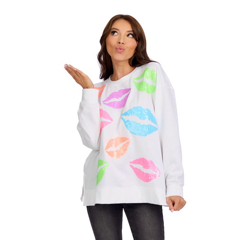 Mud Pie Sequin Lip Valentine Sweatshirt White