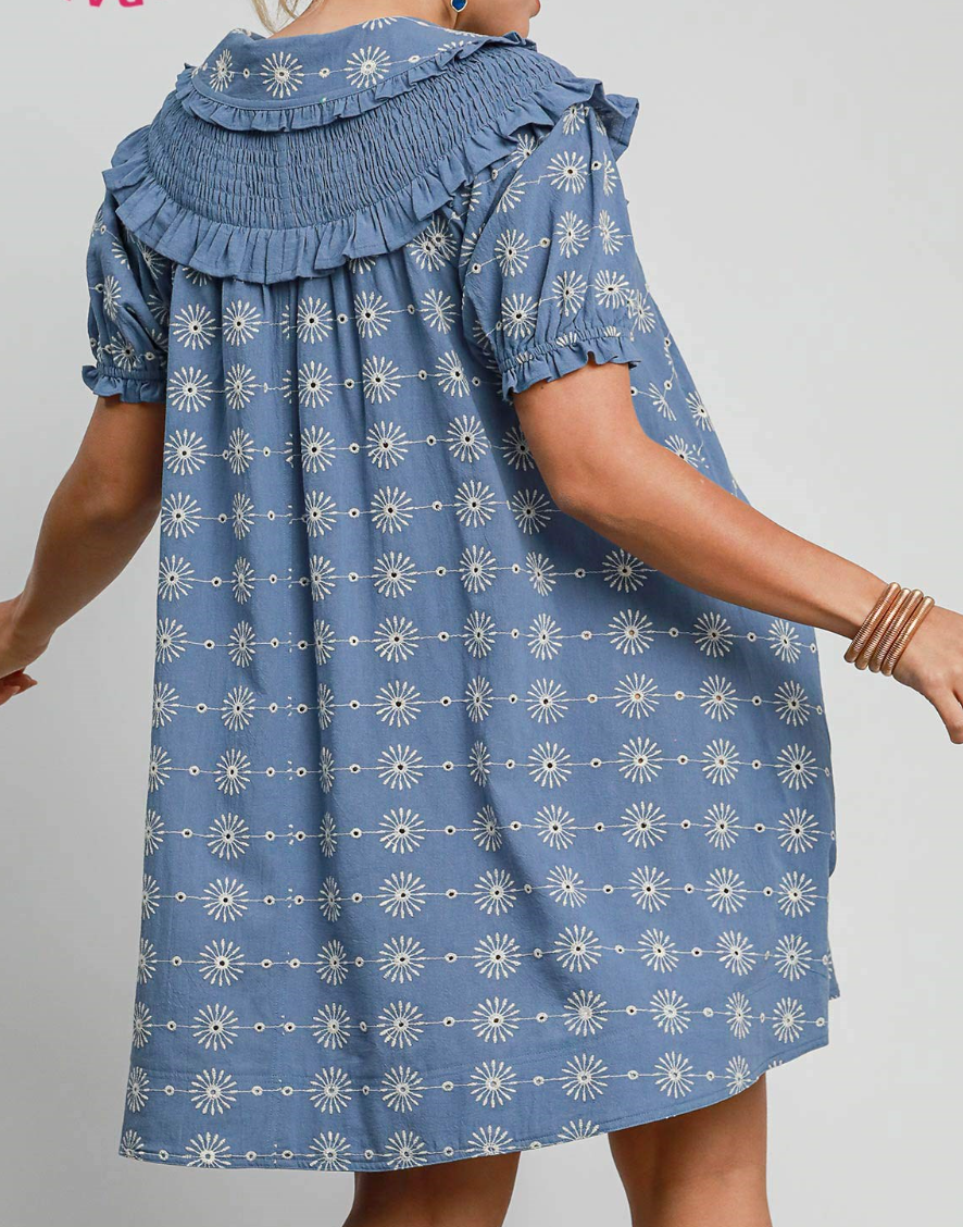 Umgee Embroidered Babydoll Dress Blue