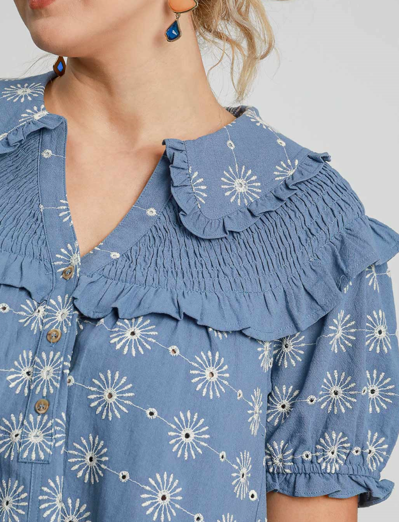 Umgee Embroidered Babydoll Dress Blue