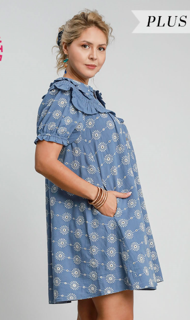 Umgee Embroidered Babydoll Dress Blue
