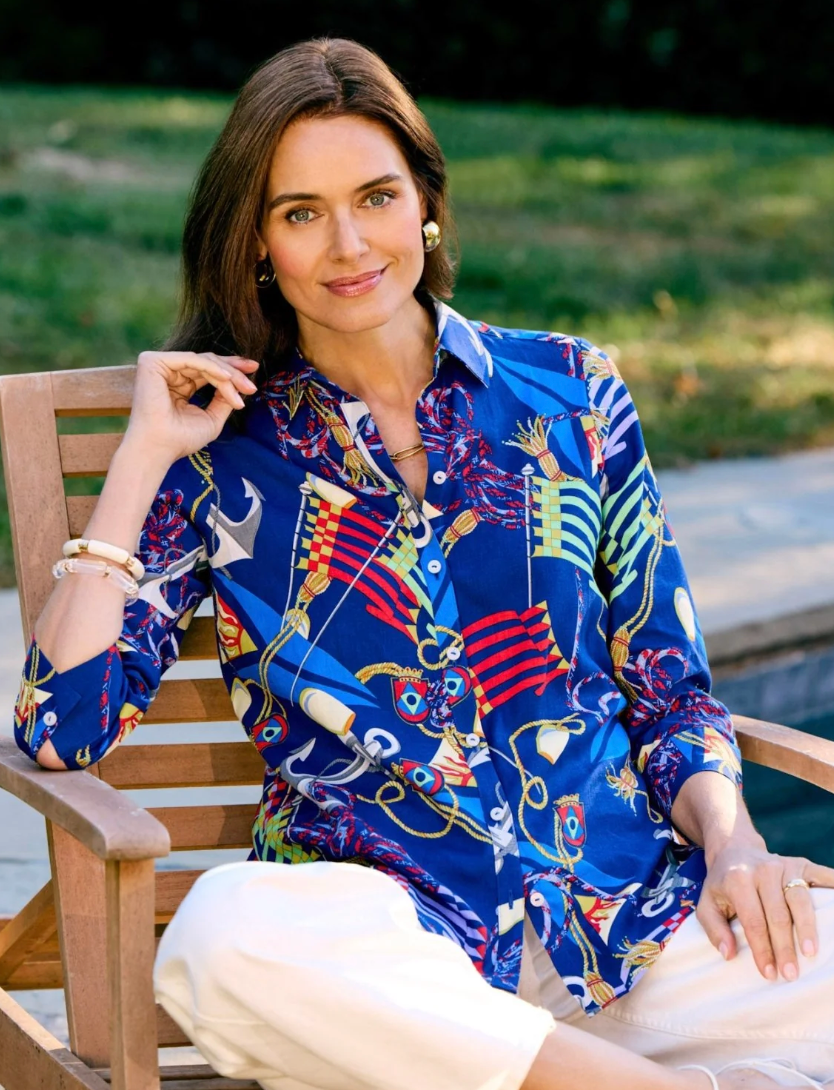 Foxcroft Zoey Linen Nautical Flags Shirt