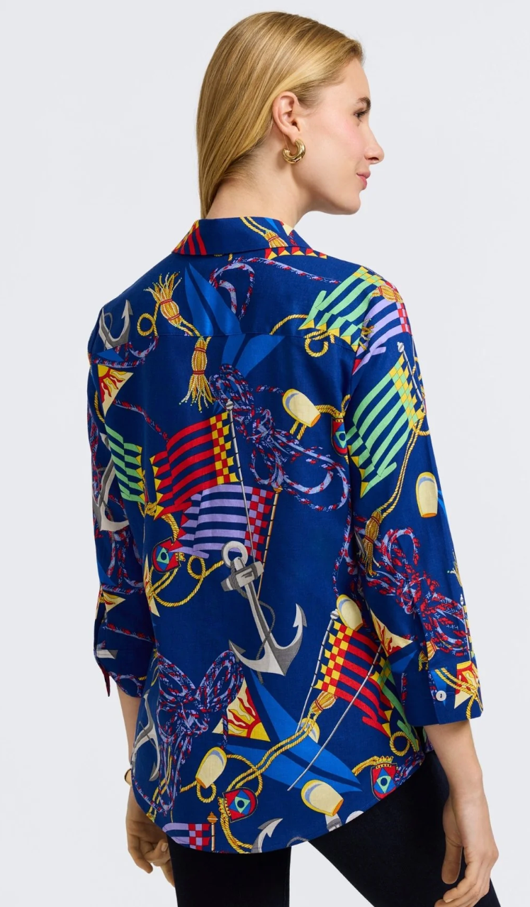 Foxcroft Zoey Linen Nautical Flags Shirt
