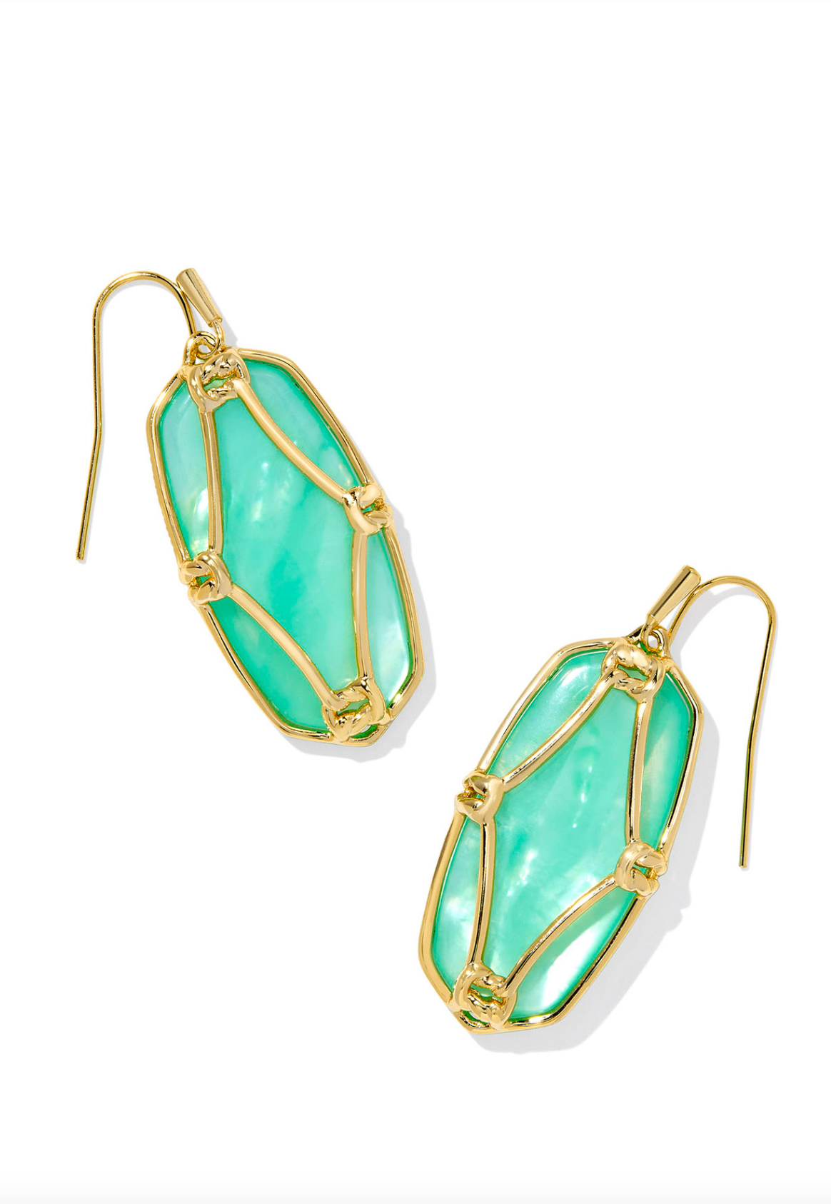 Kendra Scott Elle Lattice Frame Gold Drop Earrings Light Green Mother of Pearl