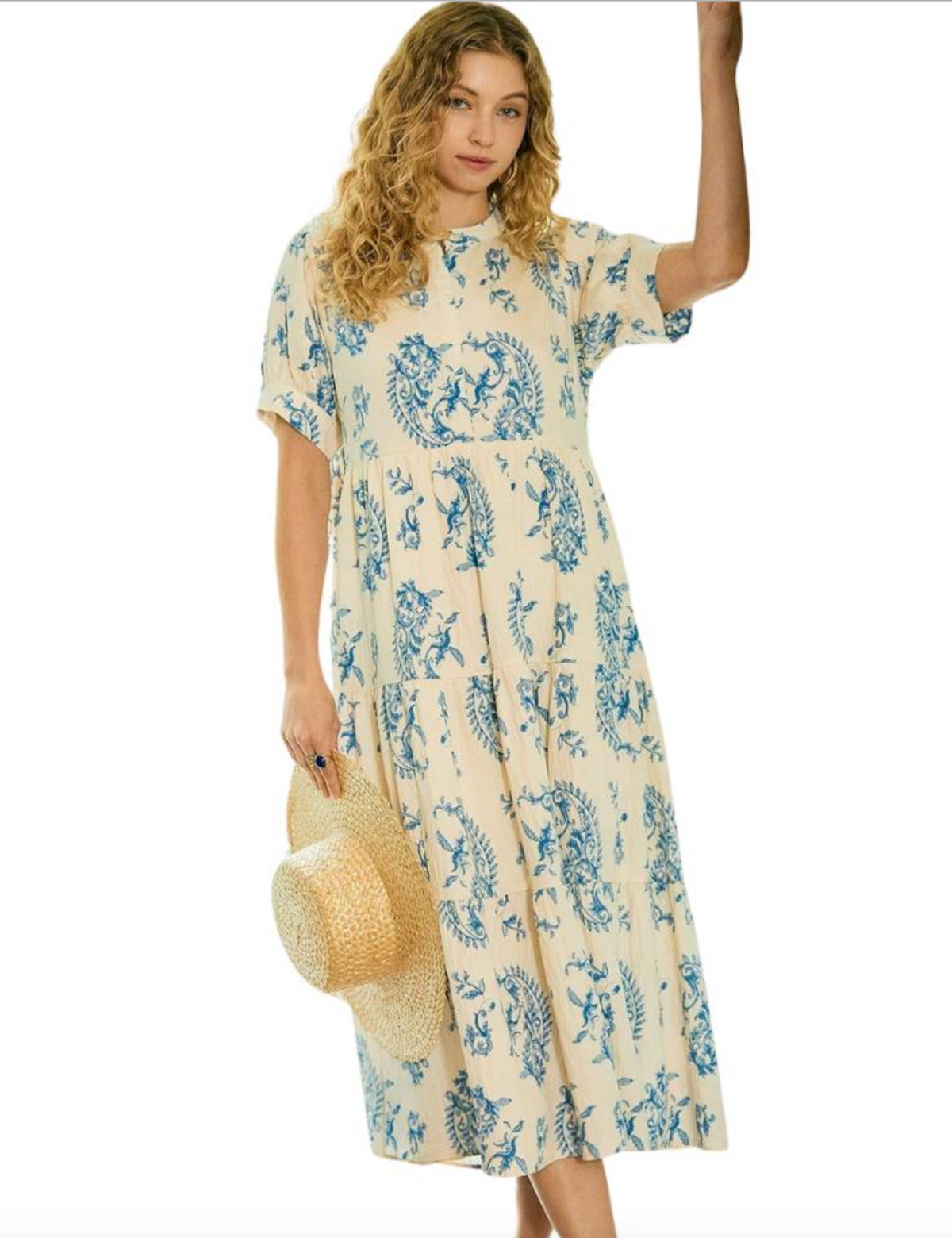 umgee maxi dress USA Tiered Print Blue Mix / M Length 58 on size small 65% Cotton Umgee Blue Print Maxi Dress