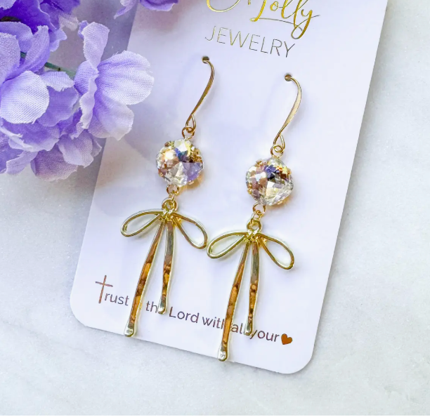 "Blakely"- Clear 10mm Stone W/Gold Bow Dangle Earrings