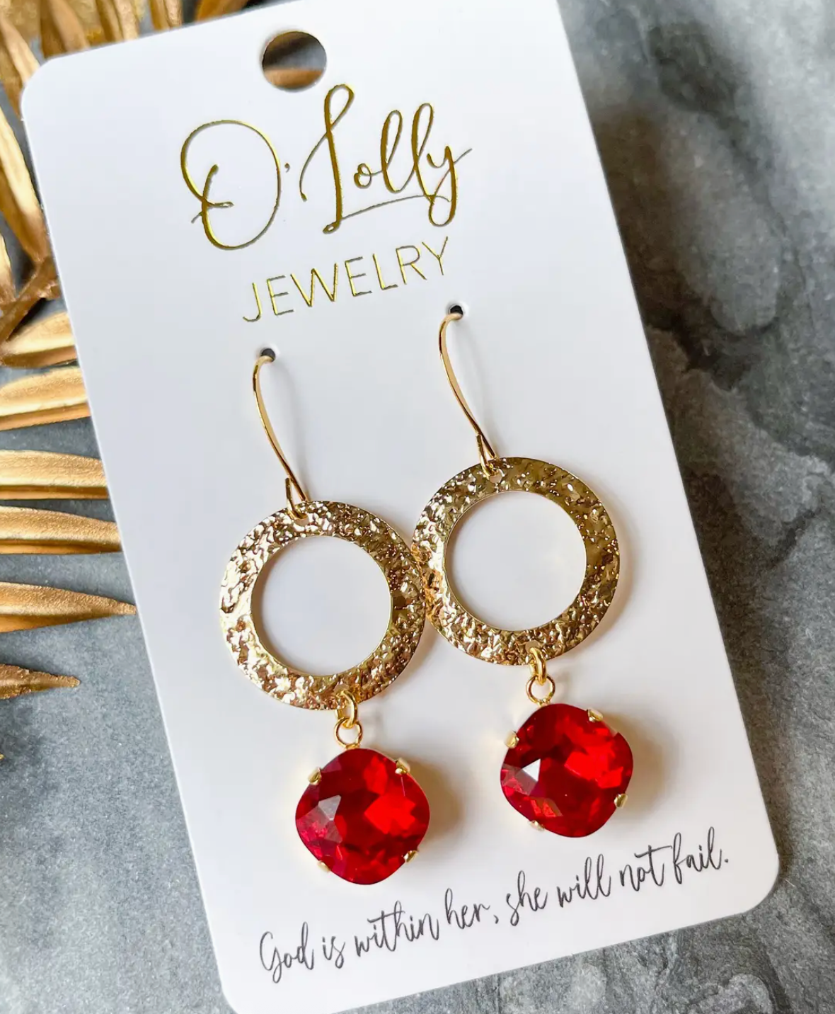 "Ruby"- Gold Textured Open Hoop W/Red 12mm Stone Earrings