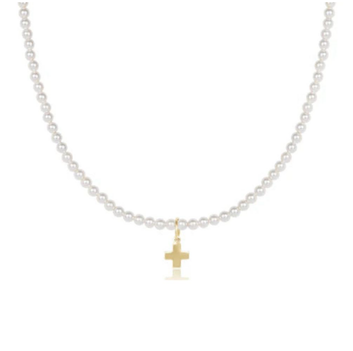 E Newton 15" Classic Pearl 3mm Bead Signature Gold Cross Charm Choker