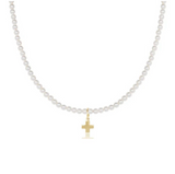 E Newton 15" Classic Pearl 3mm Bead Signature Gold Cross Charm Choker