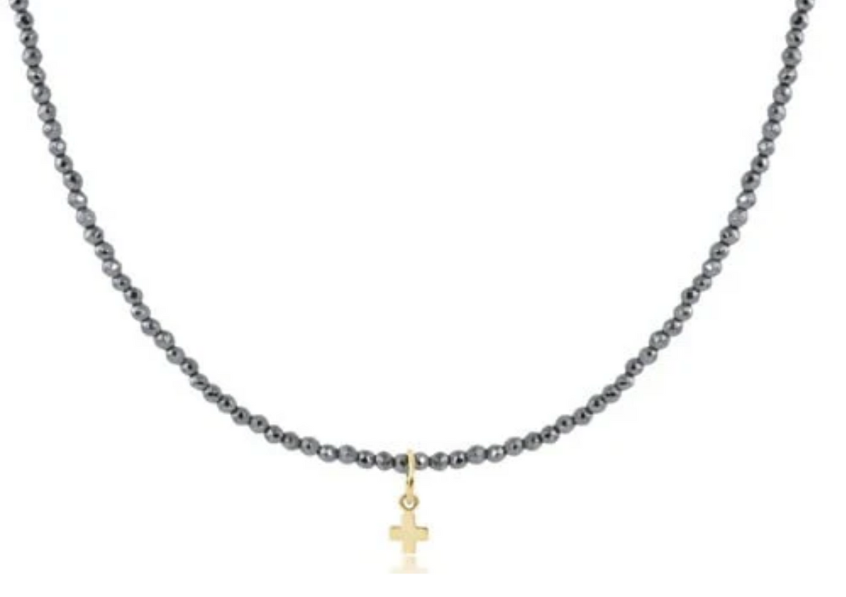 E Newton 15" Choker Gemstone 2mm Faceted Hermatite Signature Cross