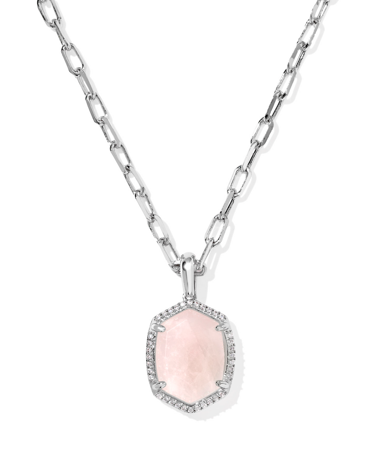 Kendra Scott Daphne Silver Pave Frame Short Pendant Necklace Rose Quartz