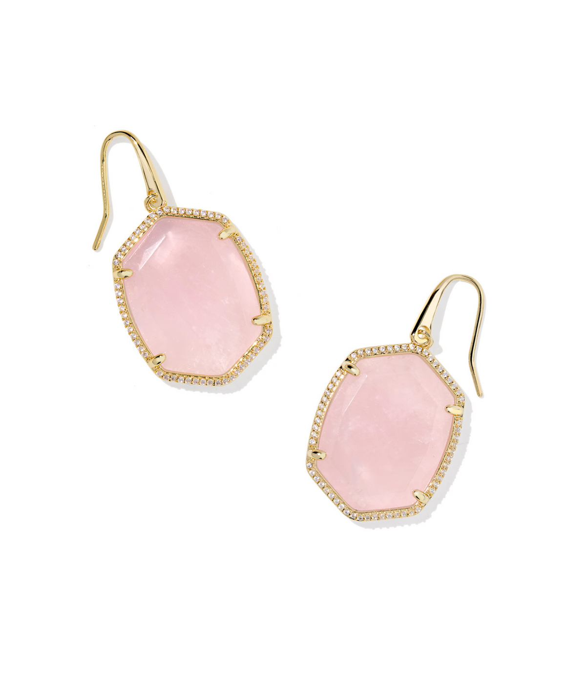 Kendra Scott Daphne Gold Pave Frame Drop Earrings Rose Quartz