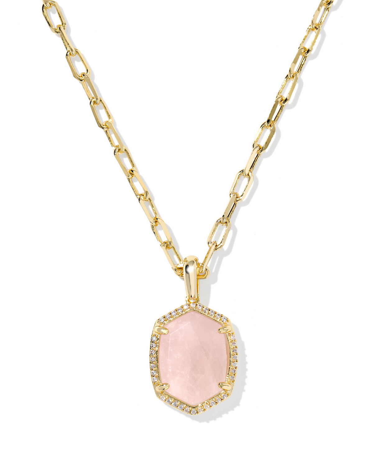 Kendra Scott Daphne Gold Pave Frame Short Pendant Necklace Rose Quartz