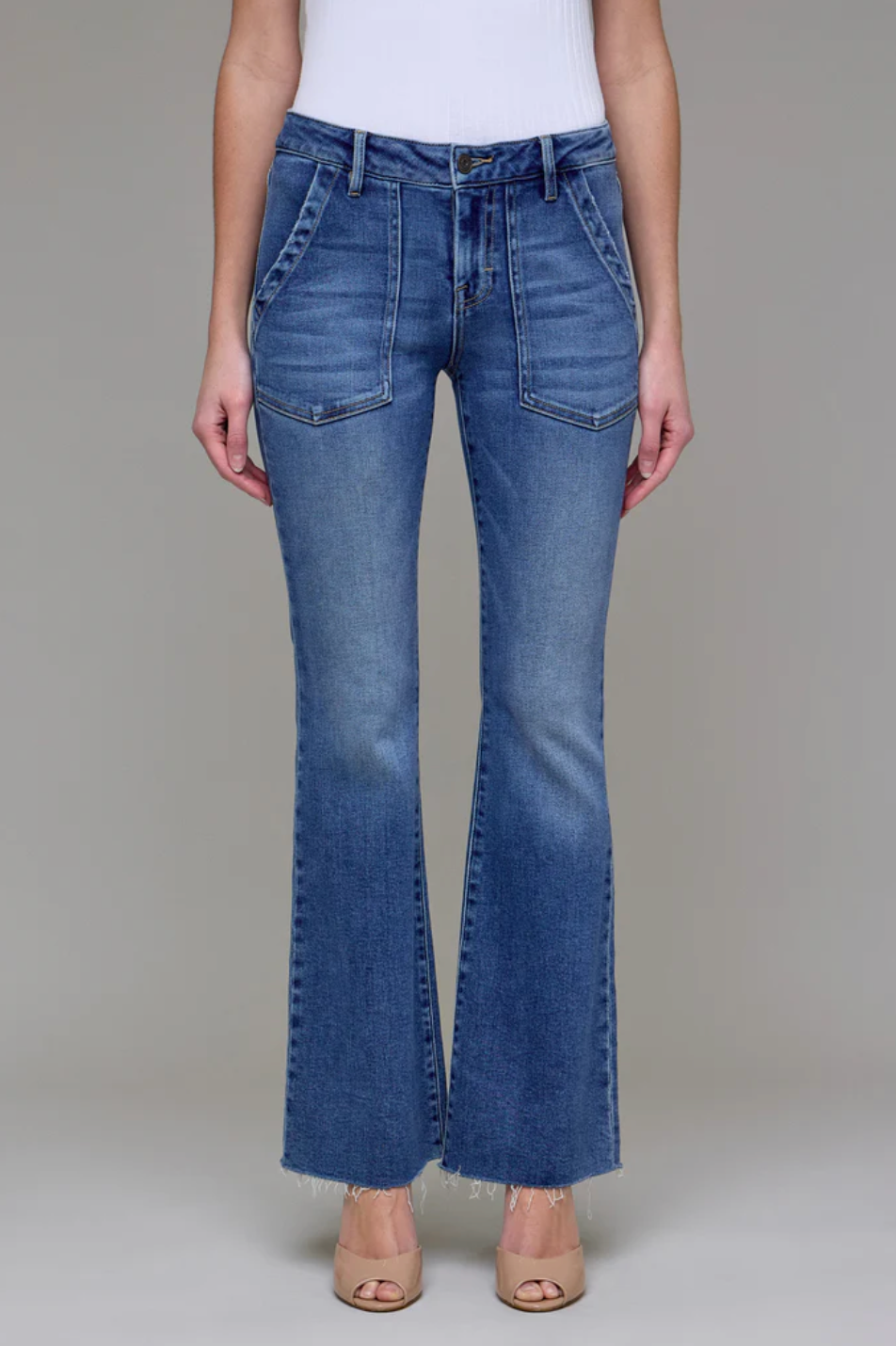 Hidden Happi Flare Mid Rise Patch Pocket Jean Medium
