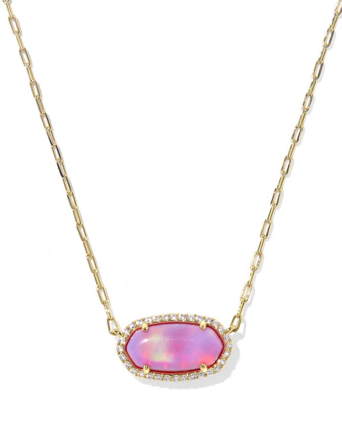 Kendra Scott Elisa Pave Frame Gold Short Pendant Necklace Pink Opalescent Resin