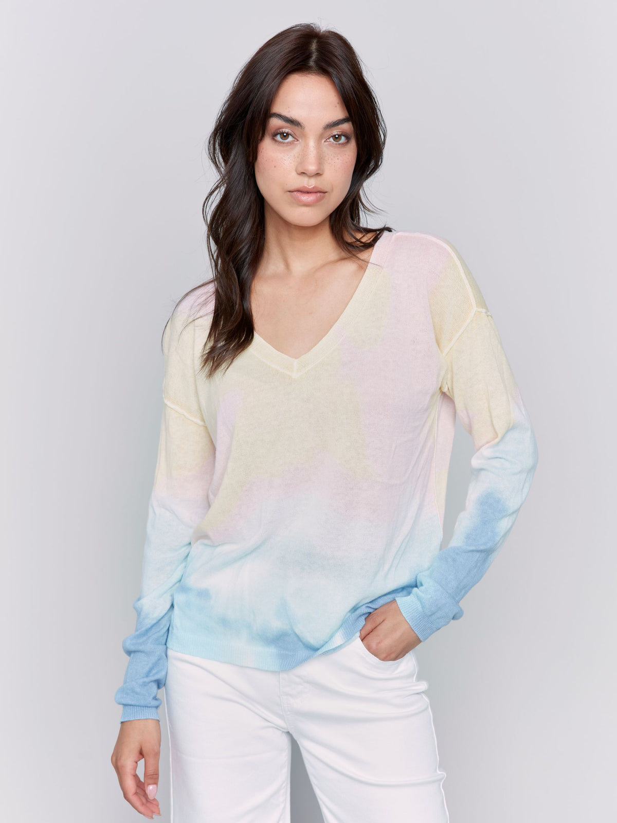 Charlie B Printed V Neck Sweater Tie Dye