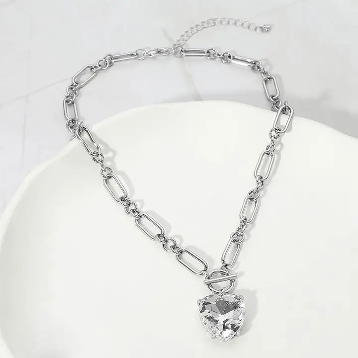 Chunky Heart Stone Cluster Toggle Pendant Necklace