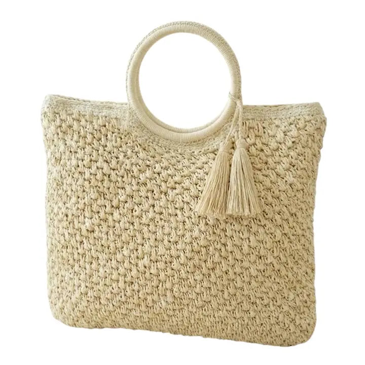 Round Handle Tassel Raffia Woven Tote