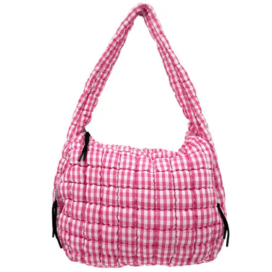 Gingham Puffer Quilted Handbag Pink/White