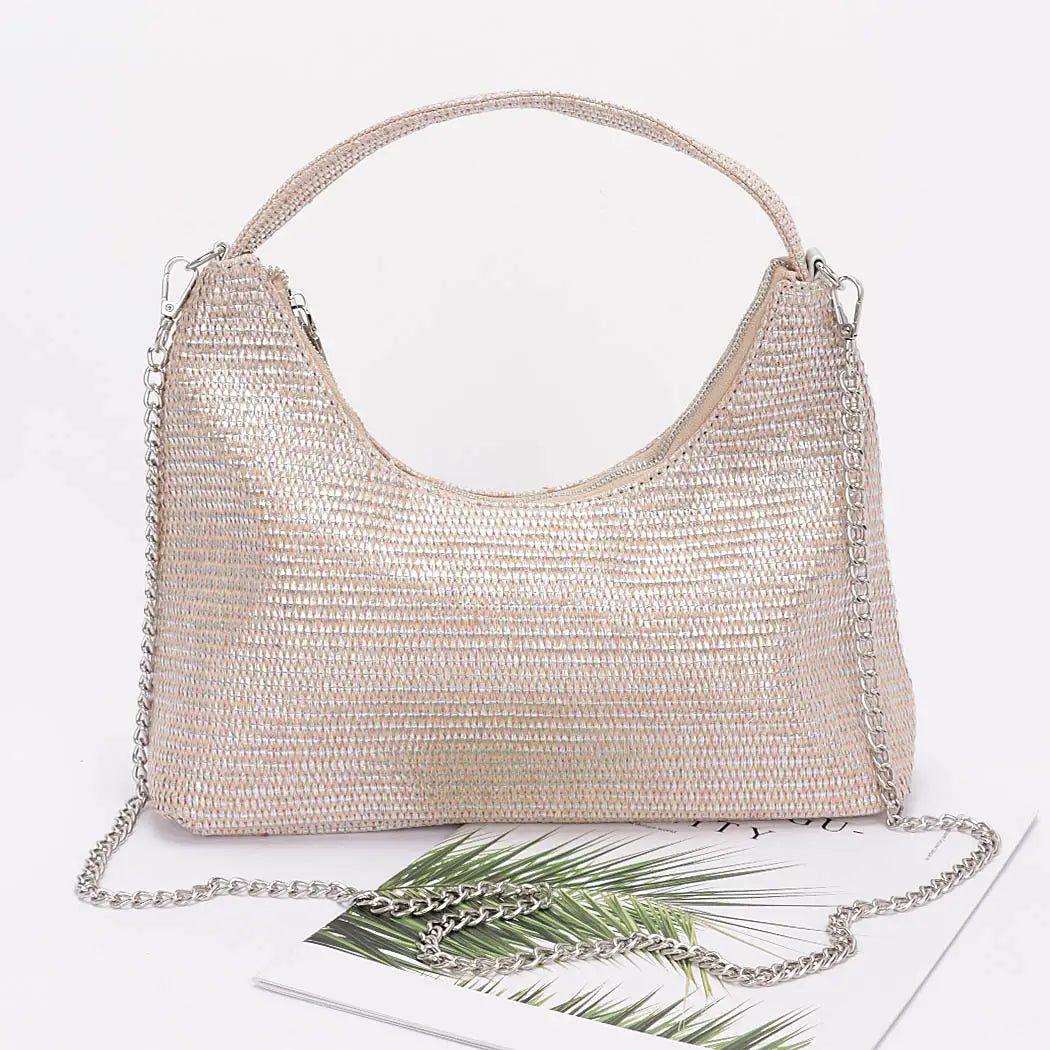 Metallic Faux Straw Hobo Bag
