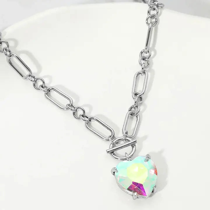 Chunky Heart Stone Cluster Toggle Pendant Necklace