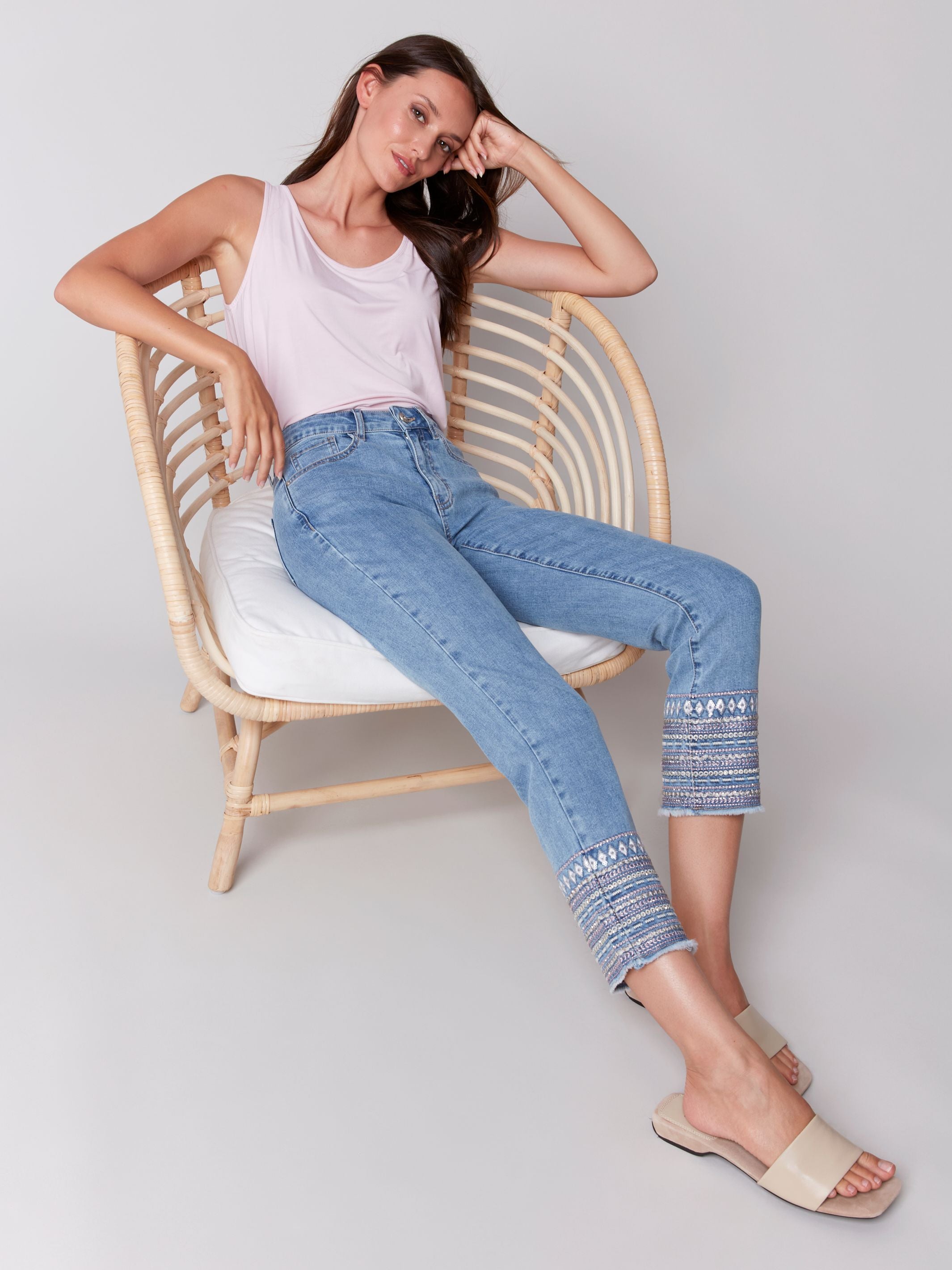 Charlie B Embroidery Cuff Pant Pale Blue
