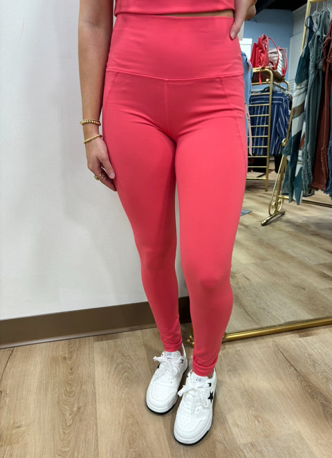 Tapered Band Essential Solid Highwaist Leggings -paradise pink