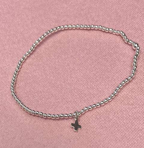 E Newton Classic Sterling 2mm Bead Bracelet Signature Cross Small Sterling Charm