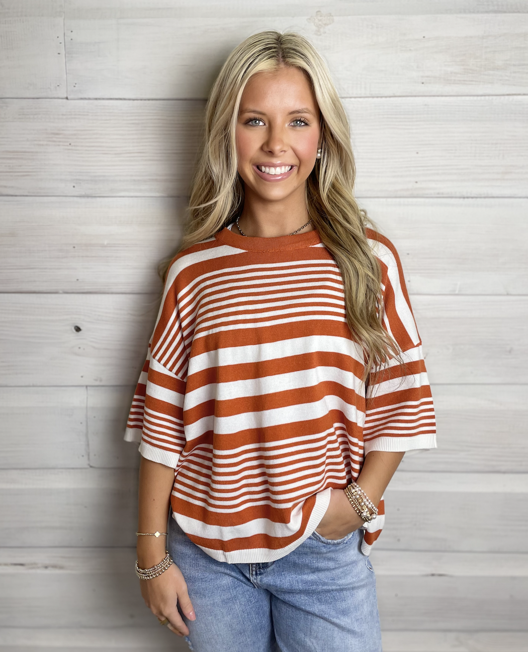 Trace Striped Knit Sweater Rust/Ivory