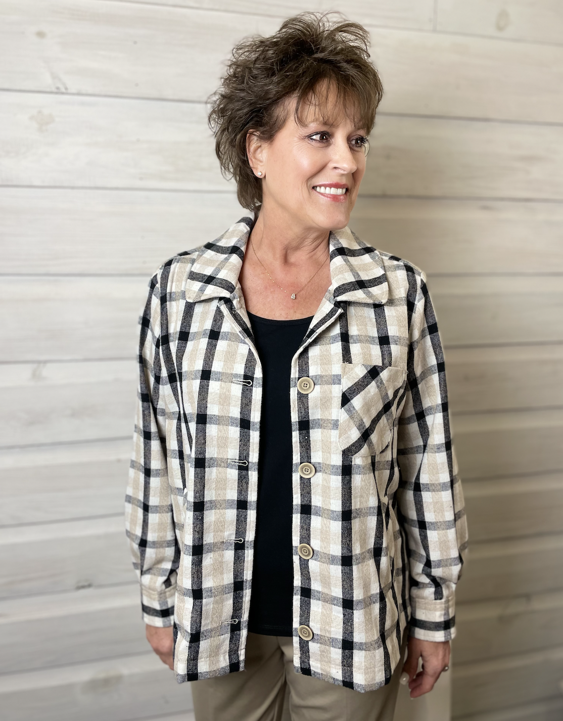 Multiples Cuffed Button Front Jacket Multi Plaid