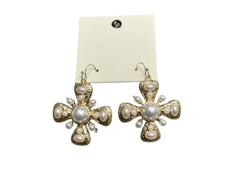Pearl Studded Cross Earrings Gold