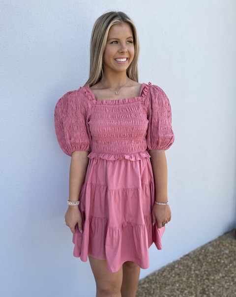 Puff Sleeve Smocked Mini Dress Pink